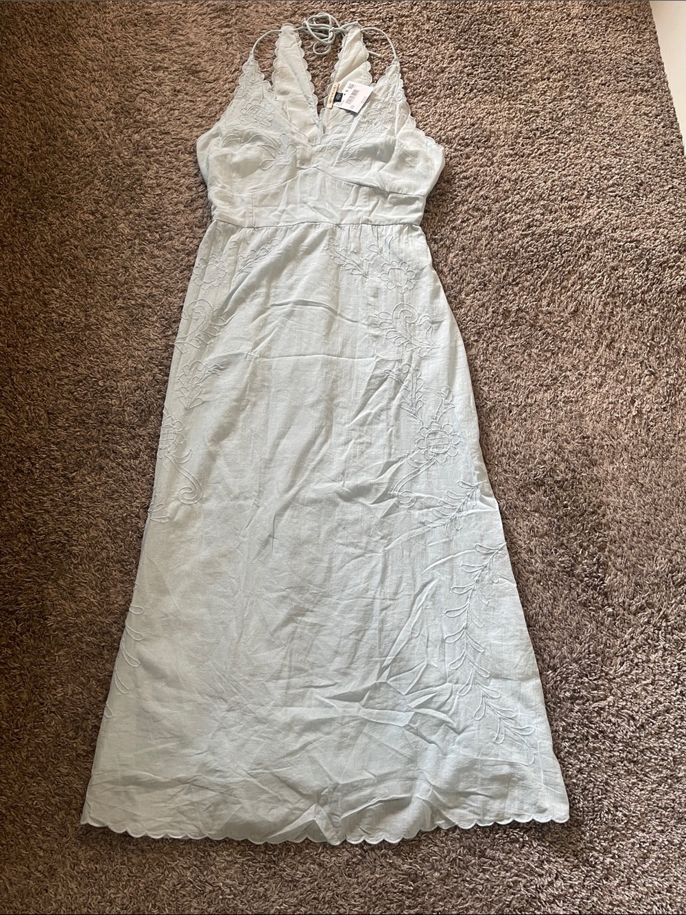 NWT American Eagle Outfitters Pale Blue Scalloped Halter Maxi Dress